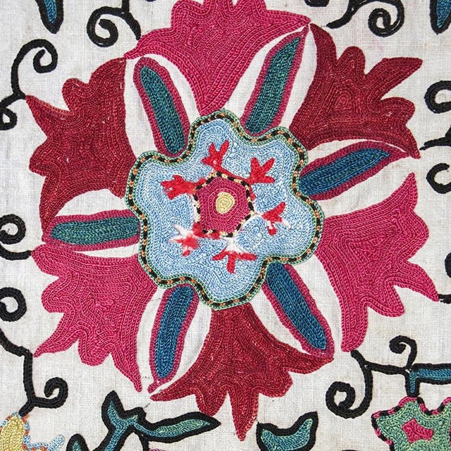 Antique Central Asian Cross Stitch Embroidered Suzani Fragment From Bukhara, Uzbekistan For Sale - Image 4 of 8