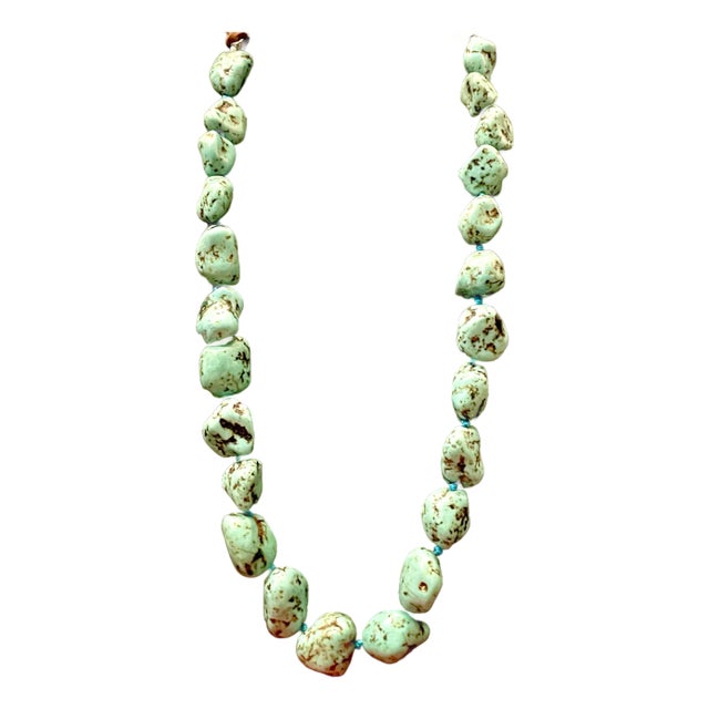 Gemstone Necklace Natural Turquoise, Double Knotted on Green Silk, Leather Extension Clasp. For Sale