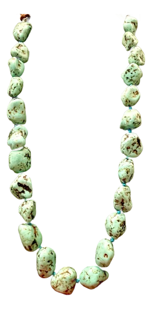Gemstone Necklace Natural Turquoise, Double Knotted on Green Silk, Leather Extension Clasp.