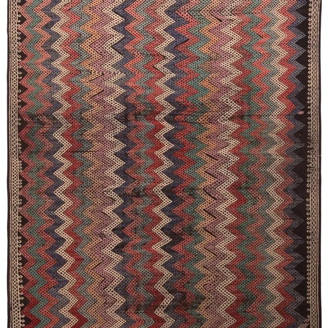 Mid-Century Modern 1950s Vintage Mid-Century Geometric Chevron Red Blue and Yellow Wool Kilim Rug For Sale - Image 3 of 6