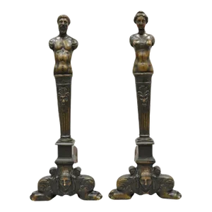 Antique French Renaissance Revival Large Figural Man and Woman Andirons - a Pair
