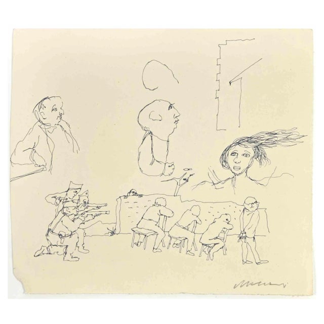 Mino Maccari, Shooting, Ink Drawing, 1960s For Sale