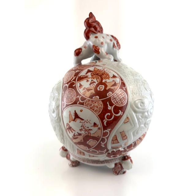 Burnt Orange Vintage Mid 20th Century Japanese Imari-Style Porcelain Lidded Incense Burner With Foo Dog Finial For Sale - Image 8 of 12
