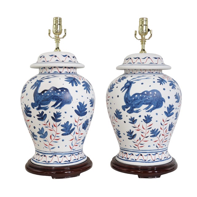 Mediterranean Pair of Vintage Brunschwig & Fils Cadiz Table Lamps - Blue and Cream Ceramic With Boar and Deer Motif For Sale - Image 3 of 17