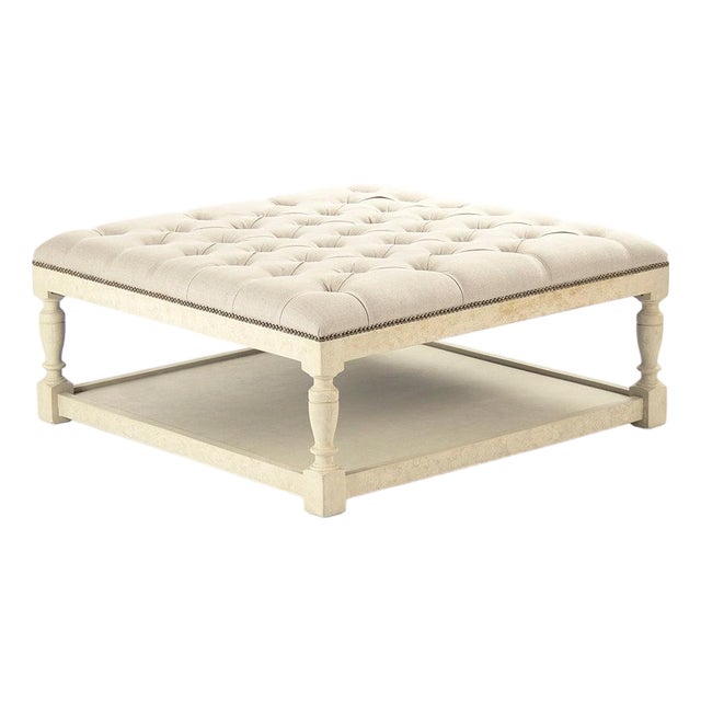 Patrice Tufted Square Ottoman - Natural Linen / Ivory Painted Frame For Sale