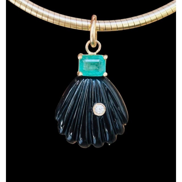 Carved Shell Pendant Black Onyx, Diamond, Emerald & 14k Gold Carved black onyx shell (15mm diameter) with 2mm gold bezels...