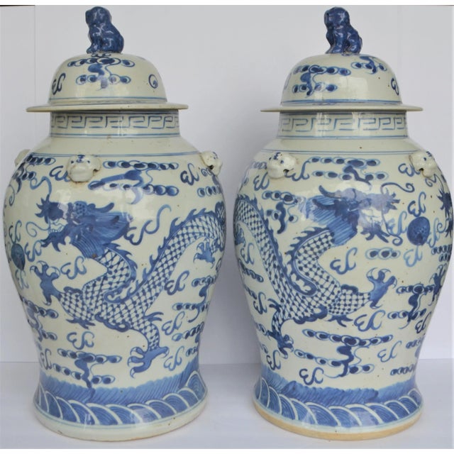 Chinoiserie Large Chinoiserie Blue and White Dancing Dragon Ginger Jars, a Pair For Sale - Image 3 of 9