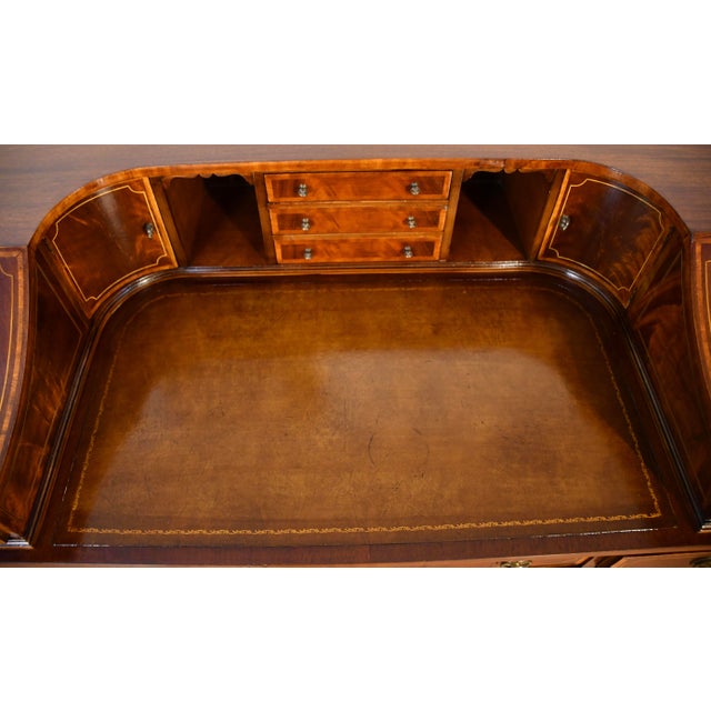 1930s English Regency Mahogany Inlaid & Leather Top Carlton Writing Desk For Sale - Image 15 of 18