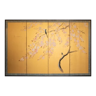 C. 1970s Chinoiserie Style Painted Screen "Blue-and-White Flycatchers and Plum Blossom" For Sale