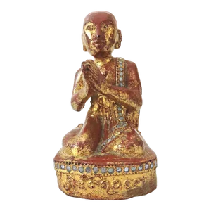 Antique Burmese Gold & Brick Red Lacquered Praying Monk Statue or Figure, 19th Century