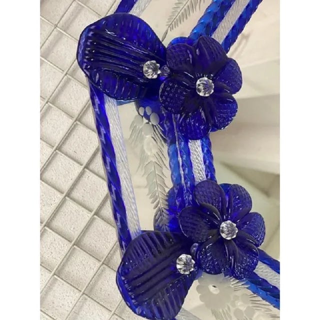 Glass Venetian Octagonal Blue Floreal Hand-Carving Mirror by Simoeng For Sale - Image 7 of 9