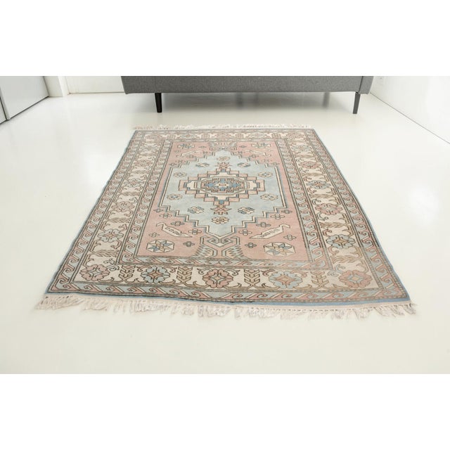 Turkish Vintage Turkish Area Rug, Soft Pink and Blue, Handwoven Wool For Sale - Image 3 of 10