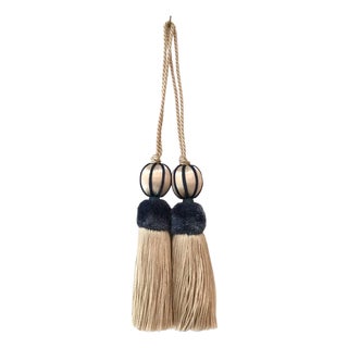 Petite Beaded Key Tassels in Blue and White - A Pair For Sale
