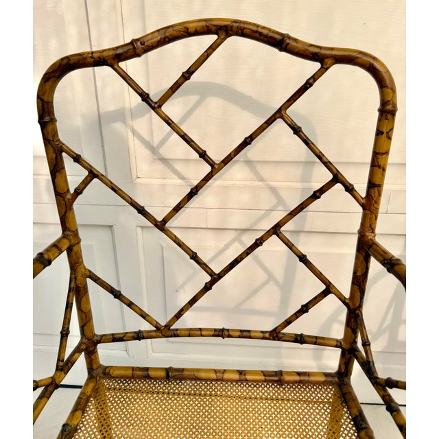 Pair of Mid-20th Century Faux Bamboo Metal Indoor/Outdoor Armchairs With Burnt Bamboo Tortoiseshell Finish For Sale In Los Angeles - Image 6 of 16