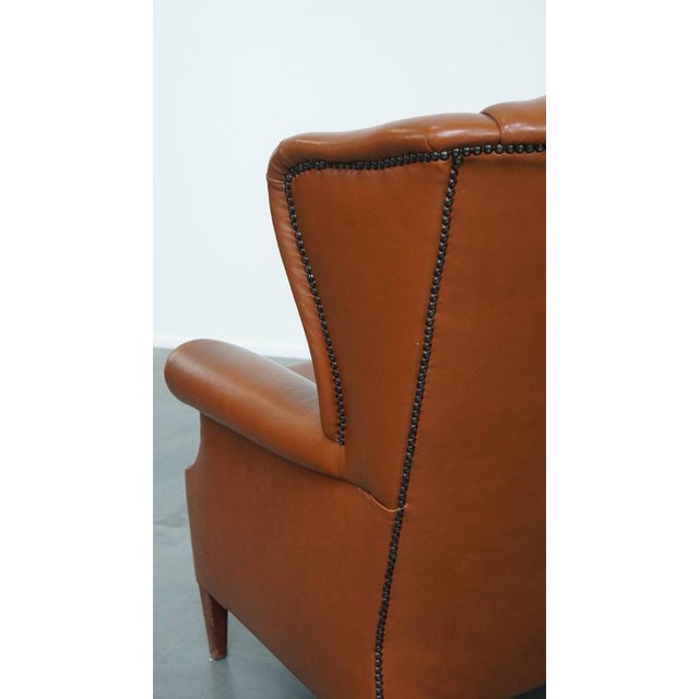 English Cognac-Colored Cowhide Wing Chair For Sale - Image 13 of 14
