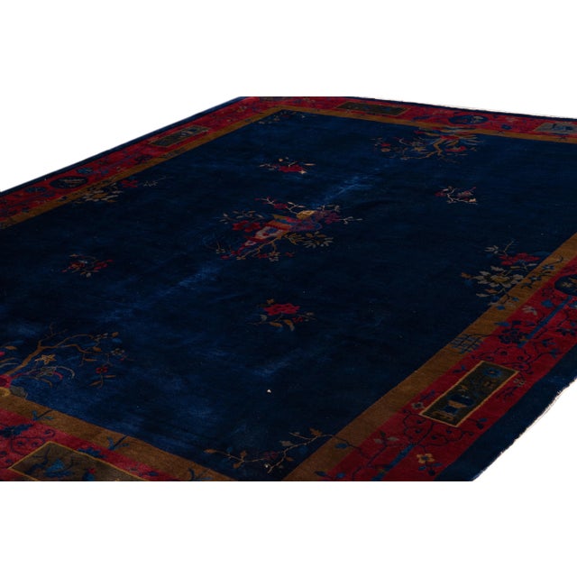 Antique Blue Chinese Art Deco Wool Rug 9 Ft X 11 Ft 3 In For Sale - Image 4 of 13