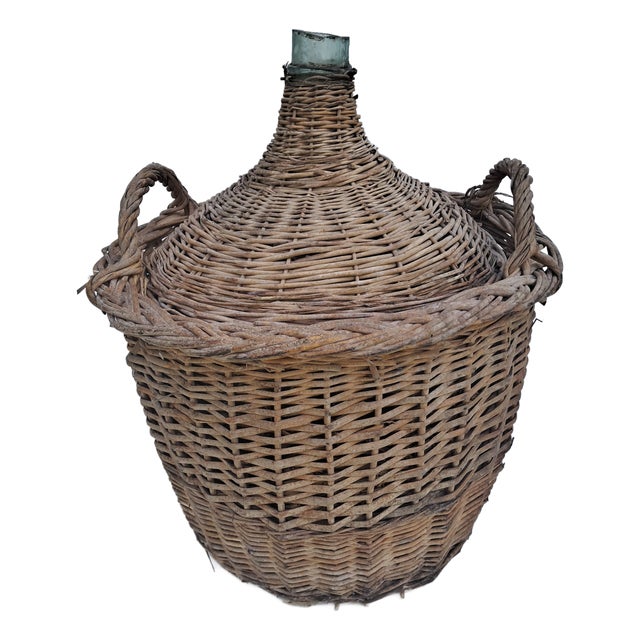 Large French Damme Jeanne with Woven Basket, 1920s For Sale
