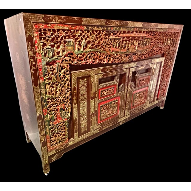 Campaign 1920s Heavily Carved and Lacquer Decorated Vintage Asian Credenza Cabinet For Sale - Image 3 of 8