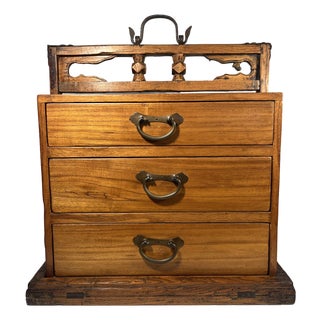 Antique Chinese Portable 3 Drawers Wedding Dowry Wooden Chest Wrought Iron For Sale
