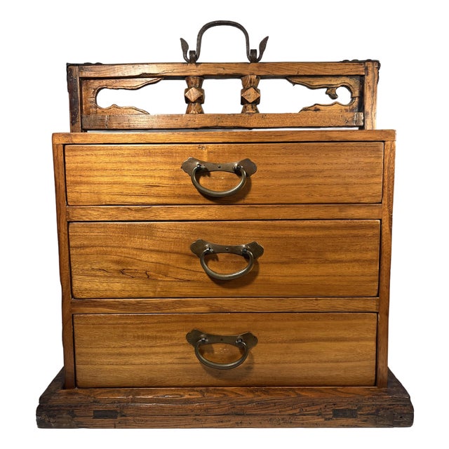 Antique Chinese Portable 3 Drawers Wedding Dowry Wooden Chest Wrought Iron For Sale