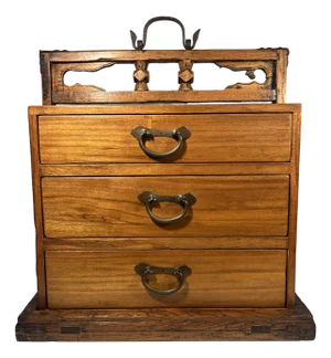 Antique Chinese Portable 3 Drawers Wedding Dowry Wooden Chest Wrought Iron