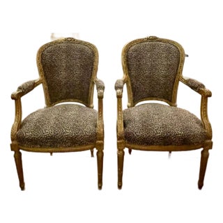Pair of French Louis XVI Giltwood Armchairs With Leopard Upholstery For Sale