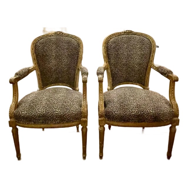 Pair of French Louis XVI Giltwood Armchairs With Leopard Upholstery For Sale