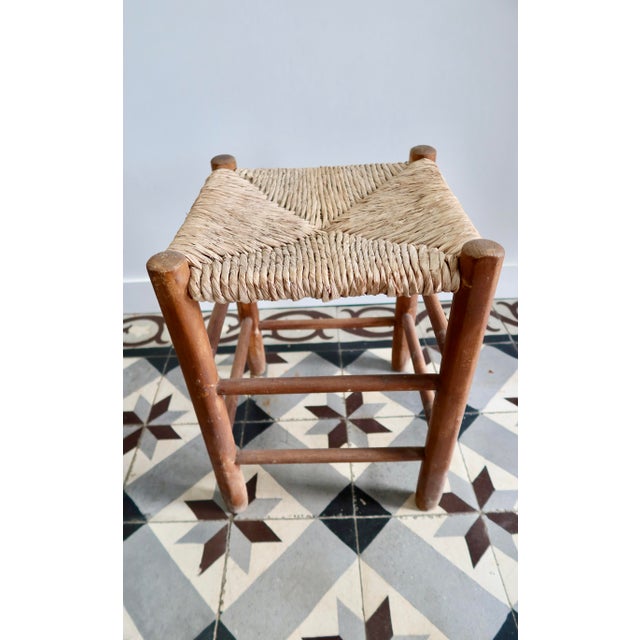 Vintage Low Wooden Stool with Woven Straw Seat, 1980s For Sale - Image 4 of 8