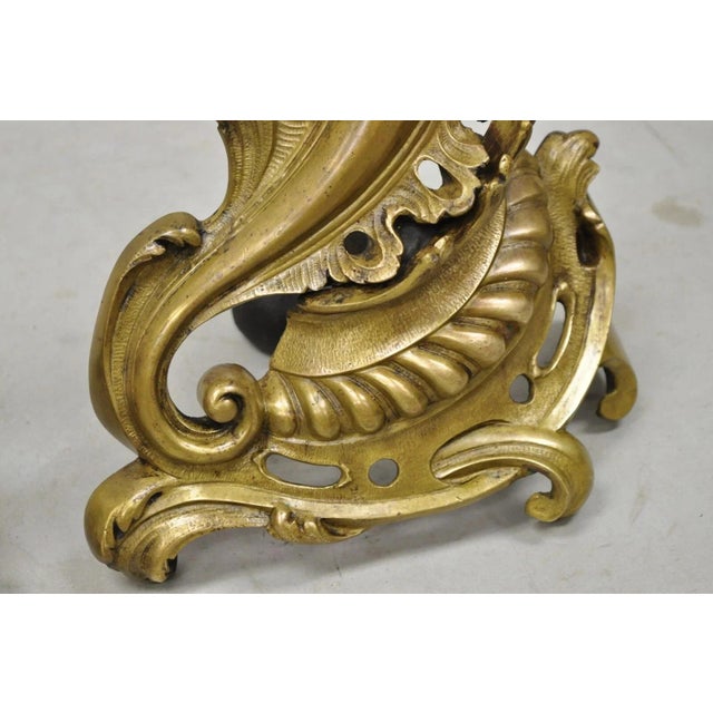 Mid 20th Century Vintage French Rococo Bronze Acanthus Leafy Scroll Fireplace Andirons - A Pair For Sale - Image 5 of 11