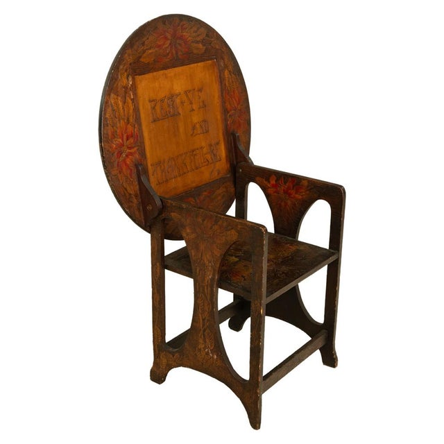 Brown Antique Folk Art Poker Work Arts & Crafts Monks Bench Table Chair New York 1900 For Sale - Image 8 of 15