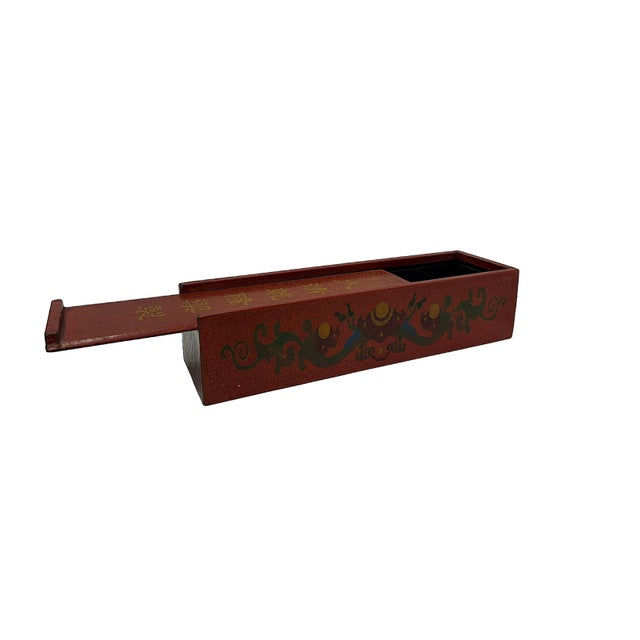 Chinese Distressed Red Lacquer Chinoiserie Long Rectangular Treasure Box For Sale In San Francisco - Image 6 of 10
