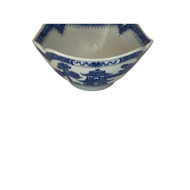 Vintage Large "Blue Canton" Porcelain Deep Square Fruit / Centerpiece Bowl - 9" Portugal 1980s-1990s For Sale - Image 4 of 7