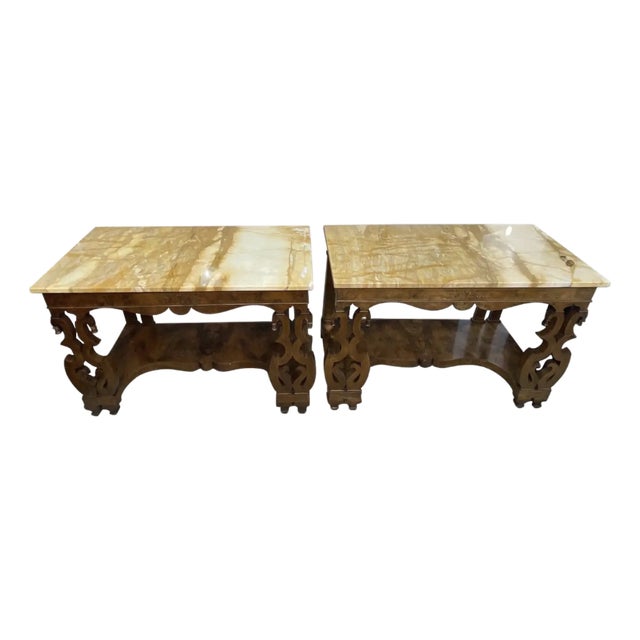 Pair of 19th Century Continental Inlaid Walnut Consoles With Yellow Onyx Tops For Sale