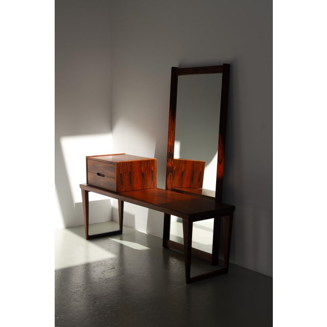 Danish Modern Rosewood Bench, Mirror and Drawers by Kai Kristiansen, 1960s. This Scandinavian mid-century modern hallway...