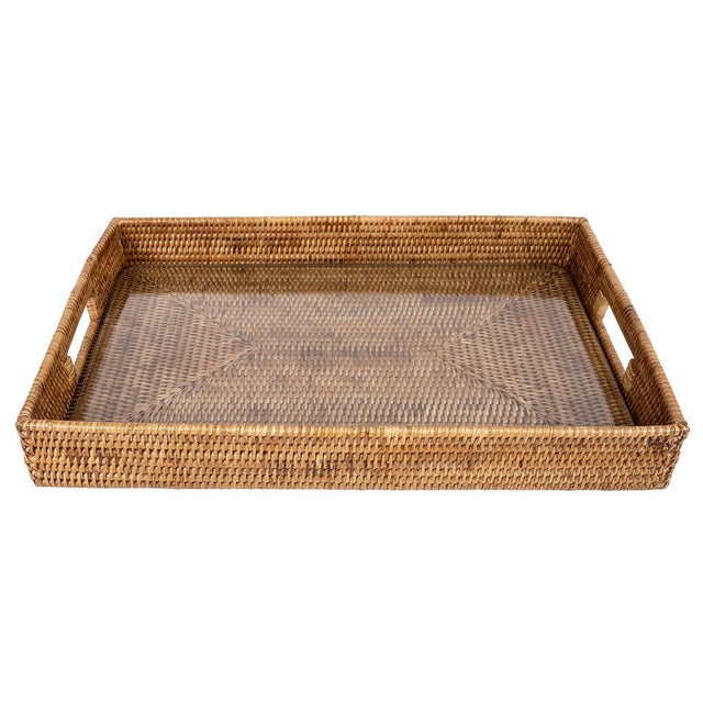 Farmhouse Artifacts Rattan Rectangular Serving Tray with Cutout Handles, Honey Brown with Glass Insert, 20"X13" For Sale - Image 3 of 10