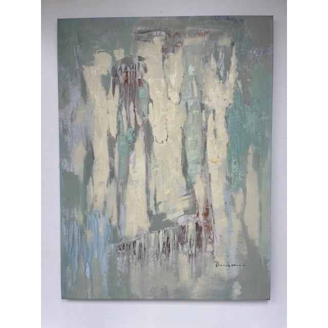 A textured and expressive abstract original oil painting on canvas, featuring layered strokes in ivory, soft teal, muted...