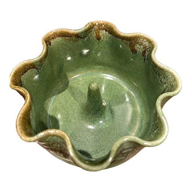 Signed Studio Pottery Apple Baker With Ruffled Rim in Moss Green For Sale