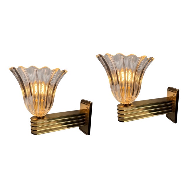 Mid-Century Murano Glass Wall Lamps in the style of Ercole Barovier, Italy, 1990s, Set of 2 For Sale