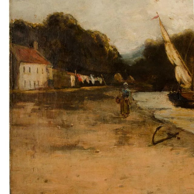 Textile David Noble (British, 1882-1890) "On the Canal" Coastal Oil Painting For Sale - Image 7 of 13