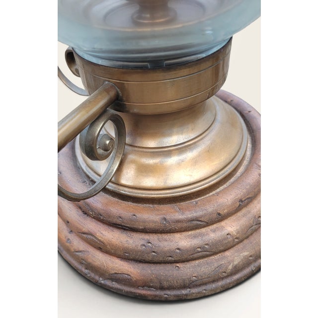 Vintage Revival French Brass, Glass and Wood Hurricane Table Lamp, 1960s For Sale - Image 4 of 18