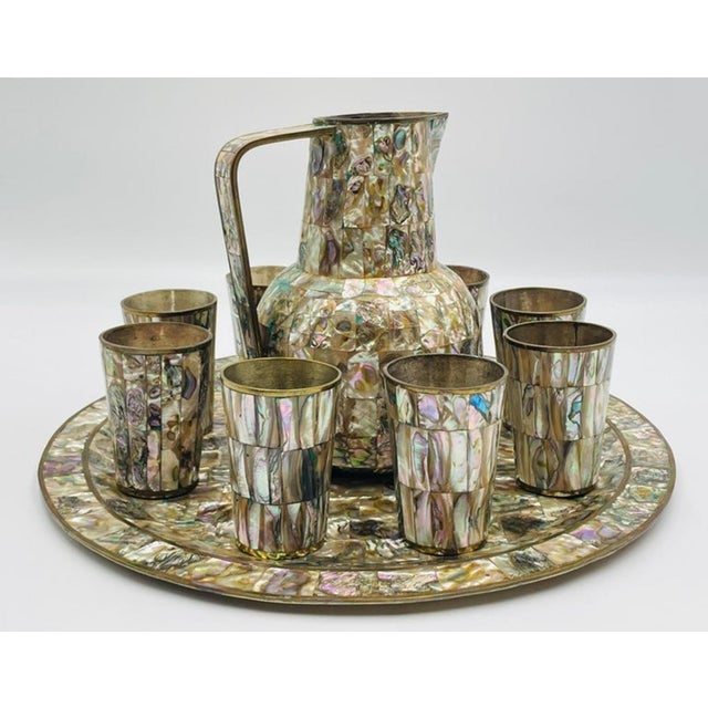 1960s 1960s Mexican Brass and Abalone Shell Pitcher Set With Tray and Eight Cups - 10 pcs For Sale - Image 5 of 18