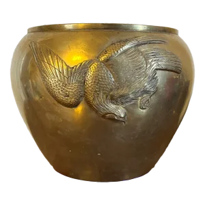 Antique 19th Century Japanese Meiji Brass Jardiniere Cachepot With Falcon Bird of Prey