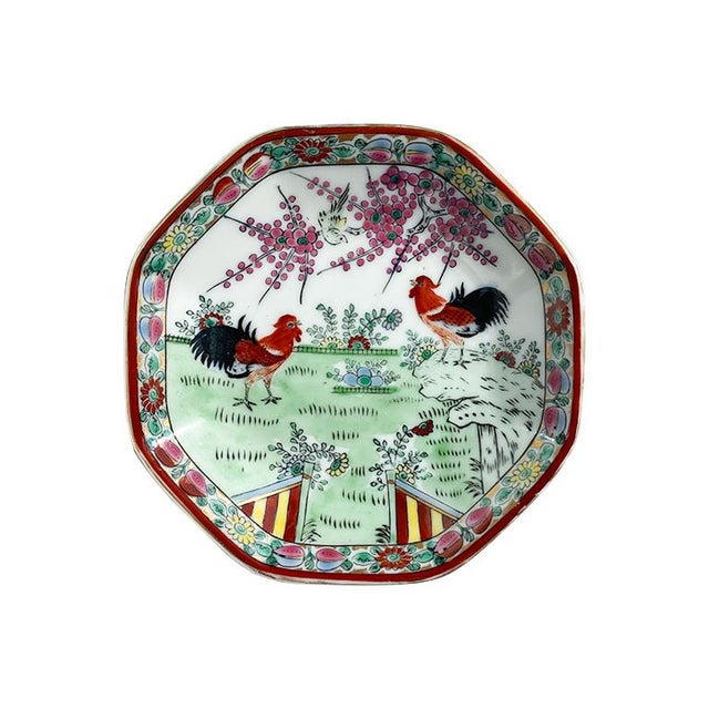 Red Octagonal Footed Chinoiserie Trinket Dish With Roosters & Floral Motif - Signed For Sale - Image 8 of 8