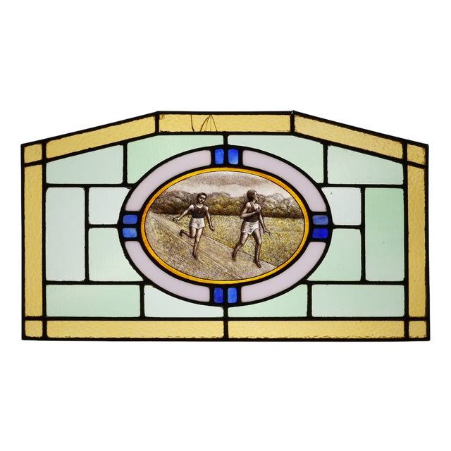 Art Deco Stained Glass Panel Depicting Runners in Motion, Belgium, 1910s For Sale