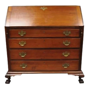19th C. Chippendale Style Mahogany Slant Front Carved Ball & Claw Secretary Desk