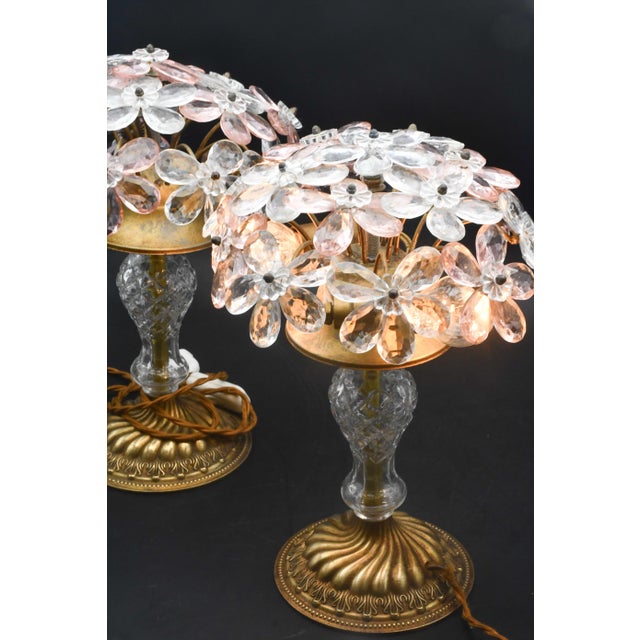 Pink Set of 2 Larg Table Lamp Crystal Glass Flower Pink and Crystal, Brass Base, 1960 For Sale - Image 8 of 11