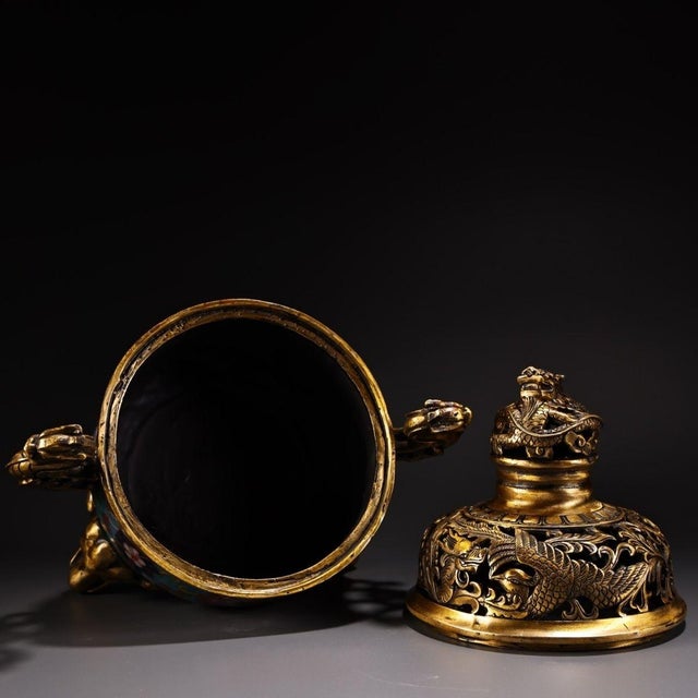 Vintage Chinese Gilt‑Brass Cloisonné Enamel Incense Burner, Dragon Ears Elephant Feet Censer For Sale - Image 4 of 10