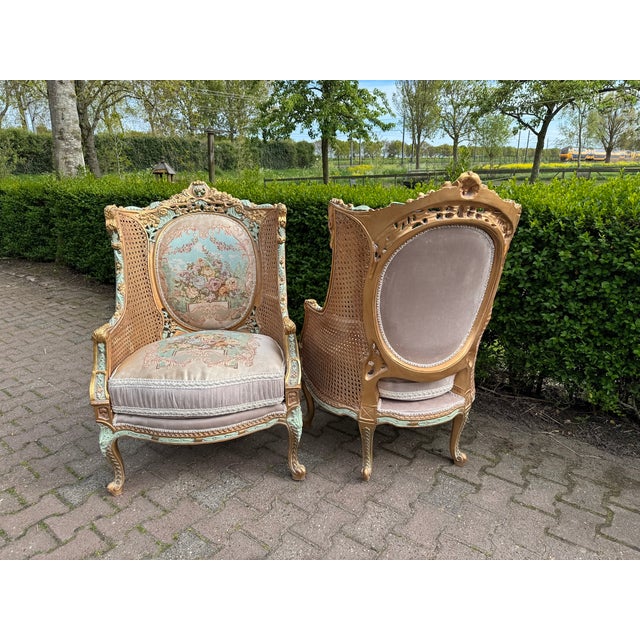 1940 French Louis XVI Pastel Cane Sofa Set - 5 Pc For Sale - Image 17 of 18