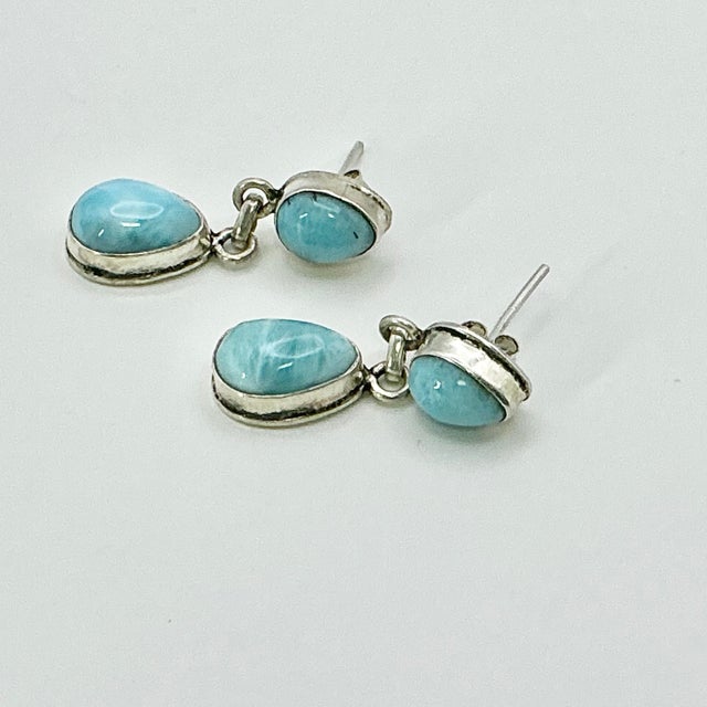 1970s Vintage Southwestern Boho Chic Blue Larimar & Sterling Drop Dangle Earrings - A Pair. For Sale - Image 10 of 11