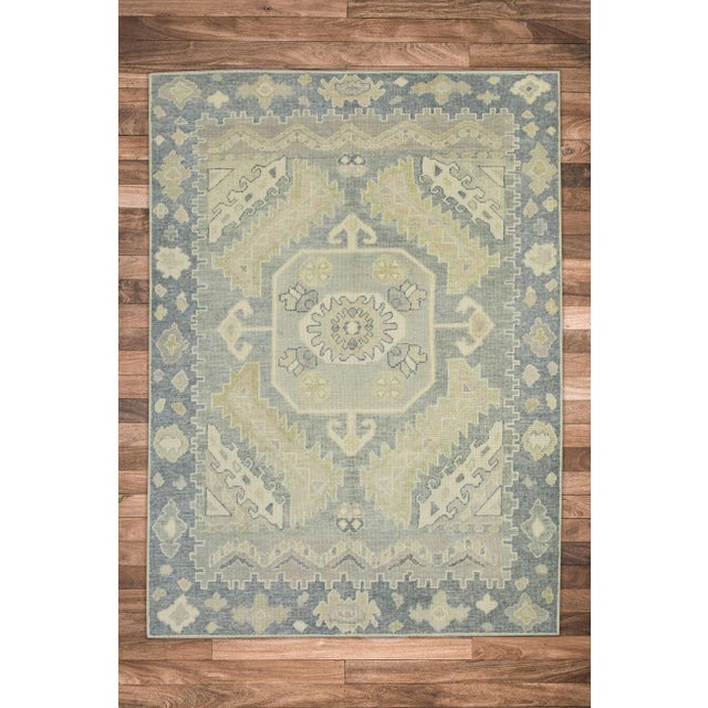 Early 21st Century Green & Gray Geometric Design Handwoven Wool Turkish Oushak Rug 4'9" X 6'1" For Sale In Houston - Image 6 of 7